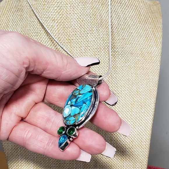 Turquoise necklace, 925 silver copper turquoise diopside chrome pendant necklace - Picture 8 of 13